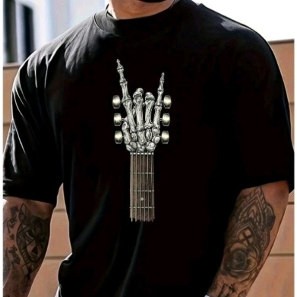 Gildan Black Tee with Skeleton Guitar Graphic